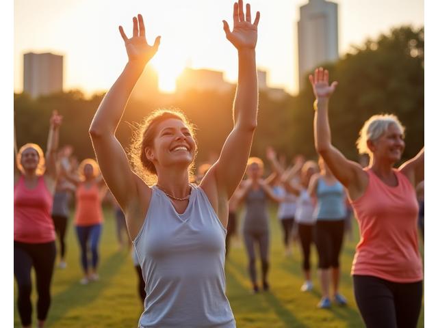 Diverse group of adults participating in an outdoor yoga or fitness class in a sunny Austin park, showcasing community engagement.