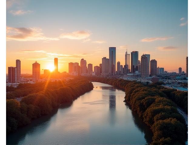 Panoramic view of Austin skyline at sunset, symbolizing growth and innovation, with a subtle overlay of digital health data points.