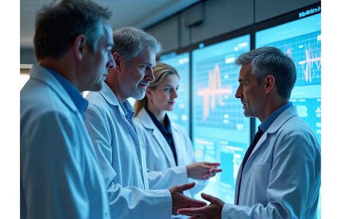 A diverse team of researchers collaborating in a modern, clean lab setting, analyzing health data on screens. Focus on collaboration and scientific rigor.