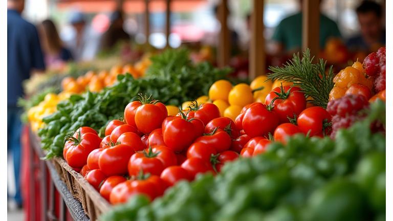 A bustling Austin farmers market stall overflowing with fresh, colorful organic produce.