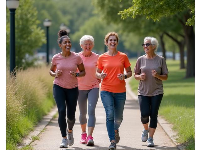 A diverse group of Austin adults aged 40-60 smiling and participating in a community fitness walk.