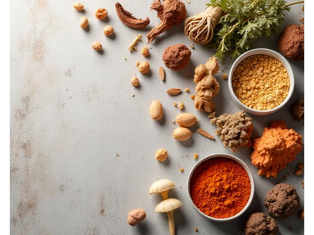 A collection of adaptogenic herbs and powders on a wooden table, emphasizing natural remedies.