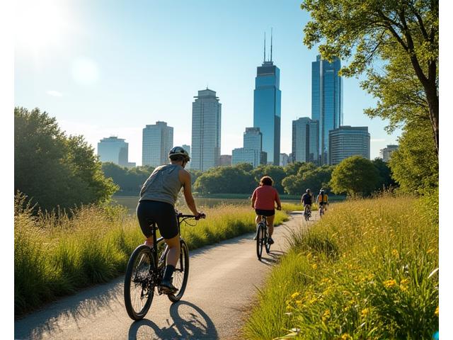 A vibrant scene of Austin with tech buildings and people enjoying outdoor activities. Focus on balance between technology and nature.