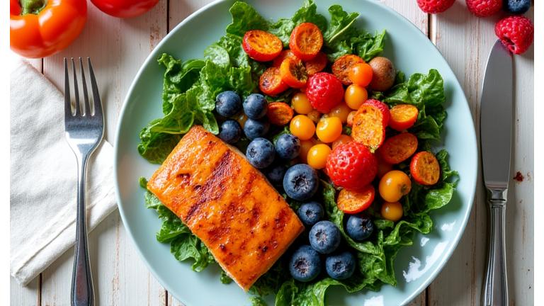 Vibrant, colorful plate of healthy food with leafy greens, lean protein, and berries, symbolizing longevity nutrition.
