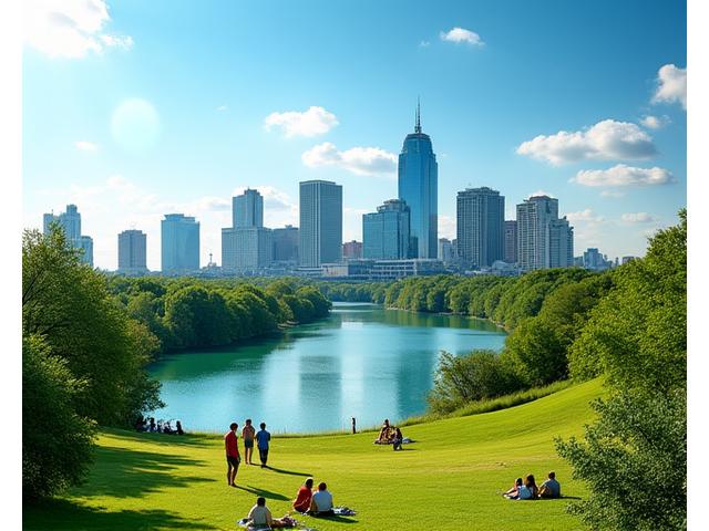 Panoramic view of the Austin skyline with green spaces foregrounded, symbolizing urban wellness.