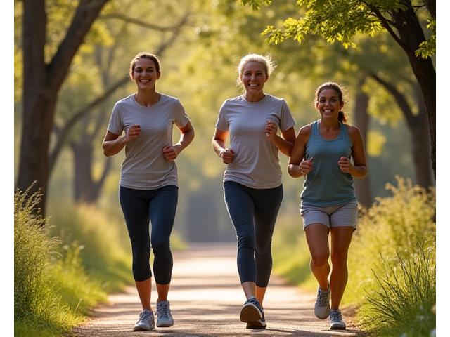 Adults enjoying a morning walk/jog on a scenic Austin trail, demonstrating balanced activity.