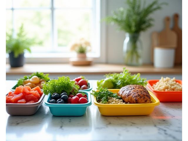 Colorful, healthy meal prep containers arranged neatly.