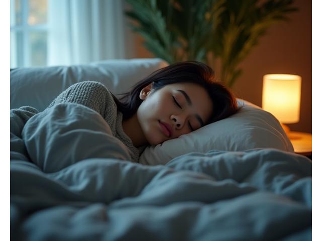 Peaceful adult sleeping soundly in a comfortable, dark bedroom.