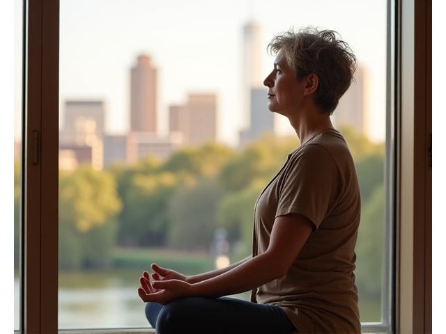 A person practicing a brief mindfulness exercise, perhaps gazing at Austin's skyline or a local park, capturing a moment of serenity amidst urban life.