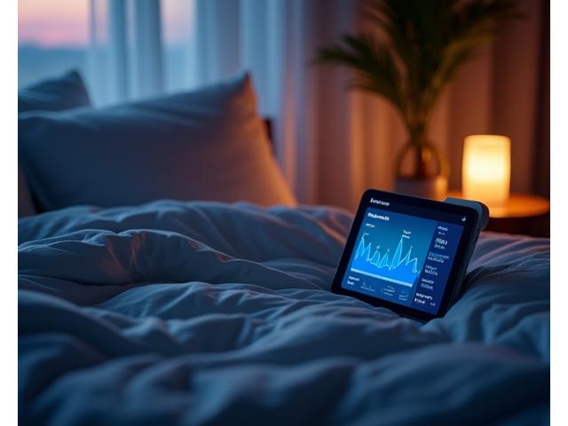 A tranquil bedroom scene at night with soft lighting, and an overlay of a sleek, modern UI displaying sleep tracking data like REM cycles, deep sleep, and environmental factors on a tablet or phone.