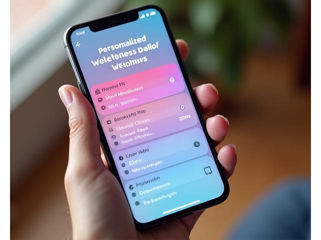 A clean, intuitive mobile app UI on a smartphone, displaying a personalized daily wellness schedule integrating mindfulness, sleep, and stress activities, showing checkmarks for completed items and encouraging progress.
