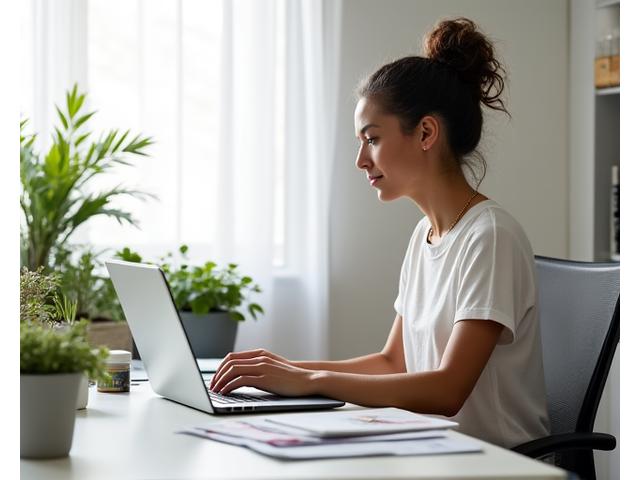 A balanced professional working at a modern desk, incorporating a small, discreet wellness practice like mindful stretching or a quick meditation, with a sleek laptop and a vibrant plant nearby.
