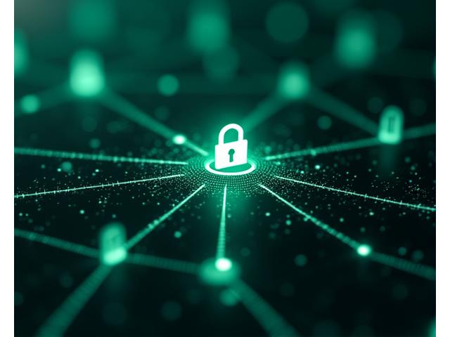 Abstract network of secure data flow, with lock icons and encrypted lines, representing robust data protection