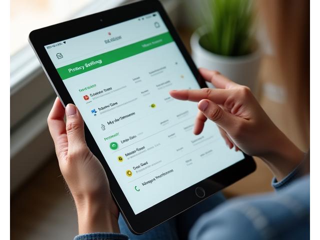 Hands interacting with a tablet privacy settings interface, featuring sliders and checkboxes